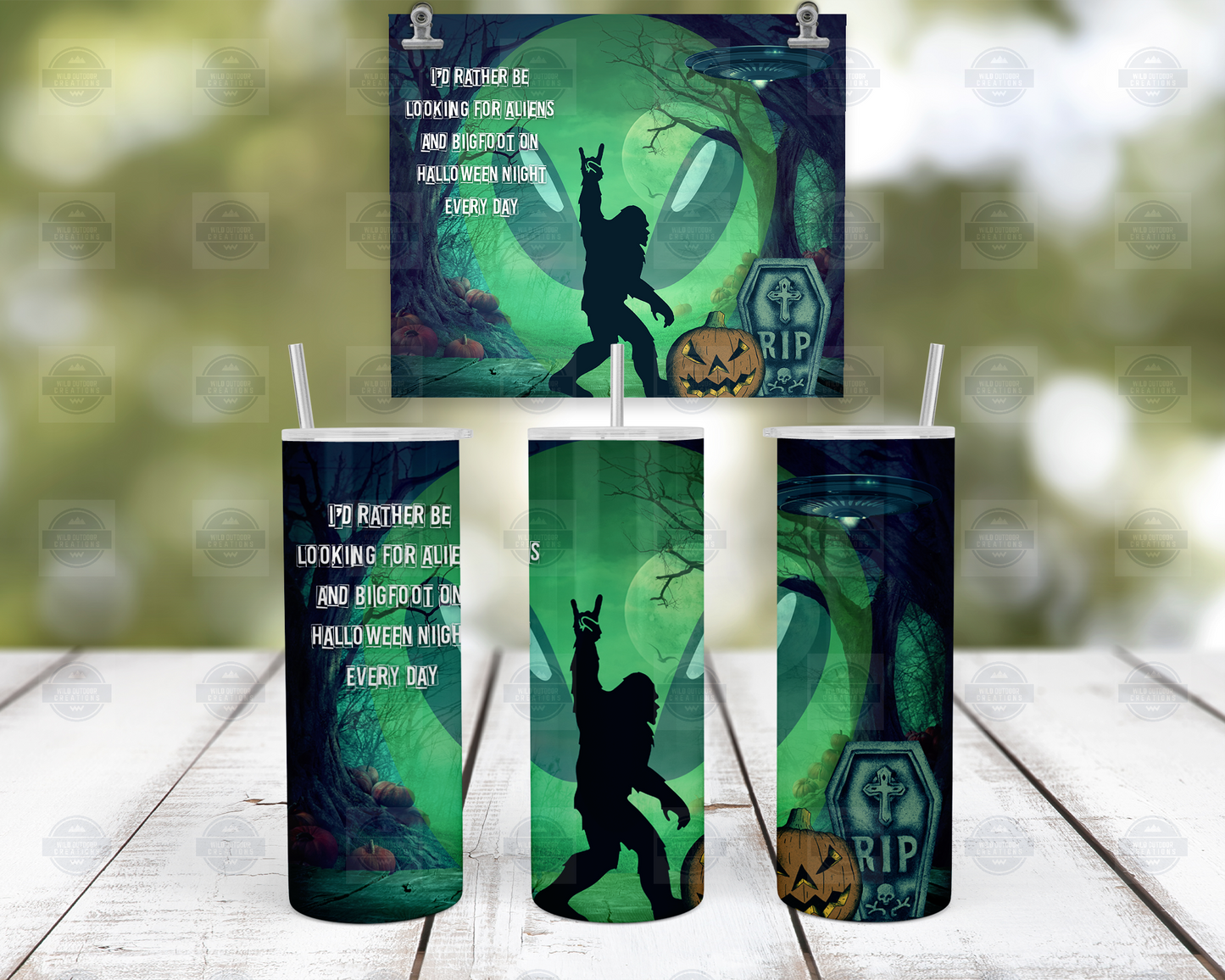 Bigfoot Alien 20oz Skinny Tumbler with Straw and Lid, Halloween Tumbler Cup