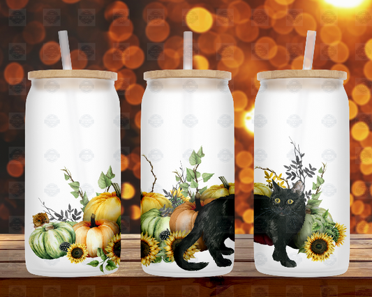 Black Cat Fall Floral 16oz Beer Can Glass with Lid and Straw
