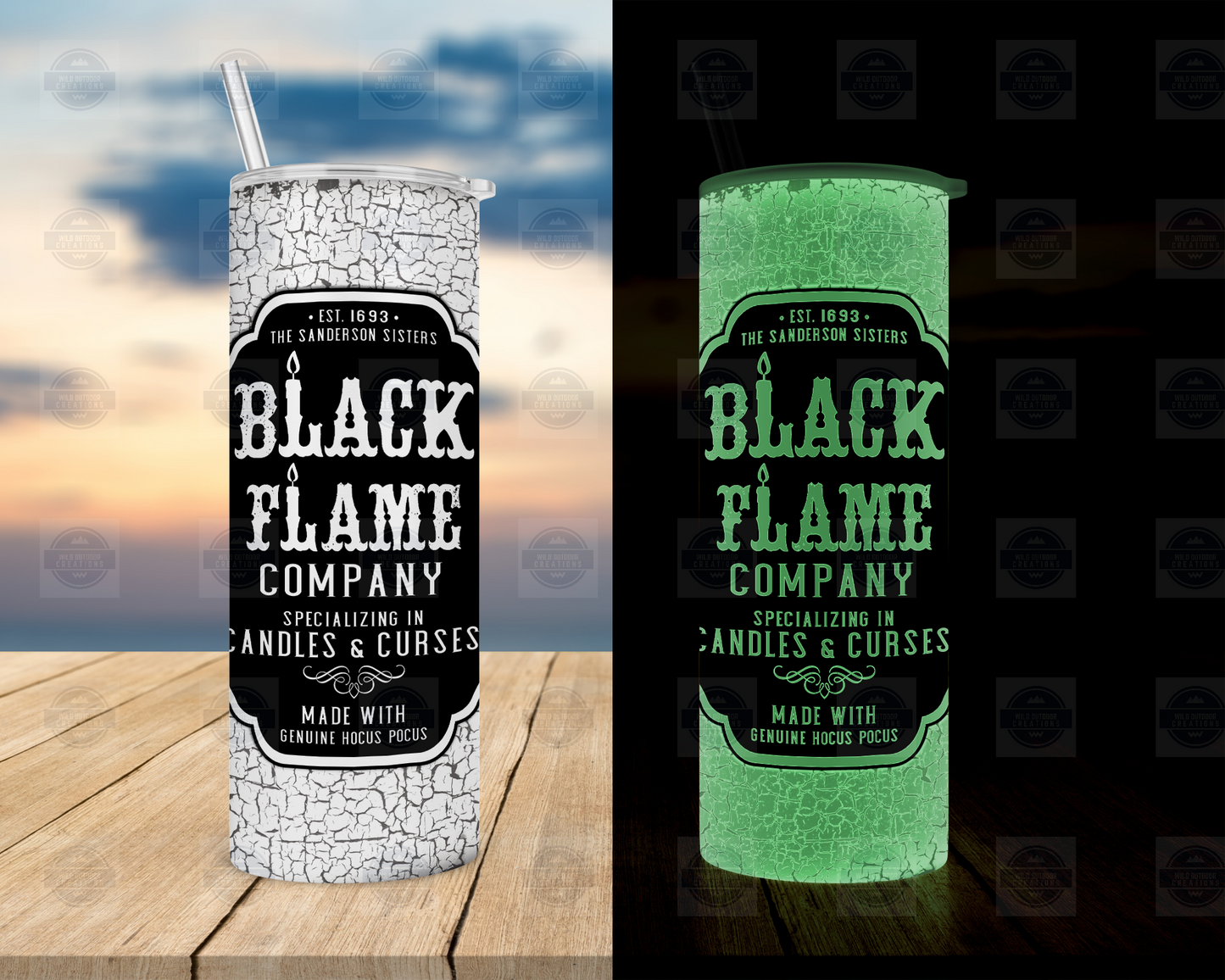 Black Flame Glow in Dark 20oz Skinny Tumbler with Straw and Lid