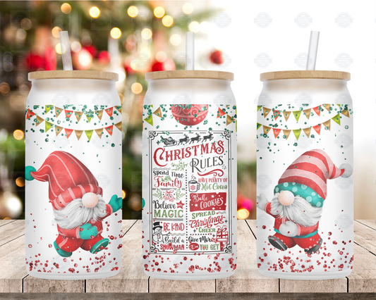 Christmas Rules 16oz Frosted Glass Tumbler with Straw and Lid, Iced Coffee Cup