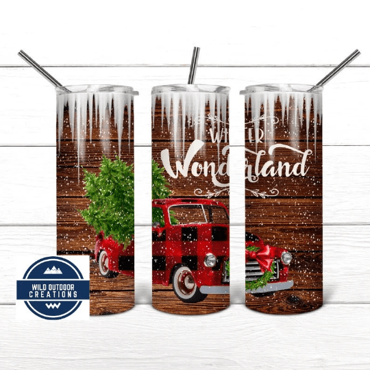 Christmas Truck Tumbler, Winter Wonderland Tumbler, Iced Coffee Tumbler With Straw, Stocking Stuffer For Her, Tall Travel Cup - Wild Outdoor Creations
