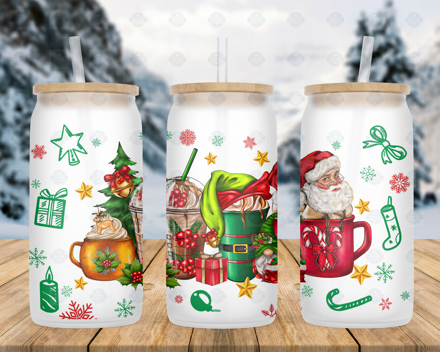 Santa 16oz Frosted Glass Iced Coffee Cup, Christmas Glass Cup