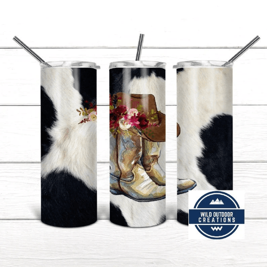 Cowboy Boot Floral Theme Tumbler, 20 oz Skinny Tumbler with Straw and Lid, Travel Mug For Women - Wild Outdoor Creations