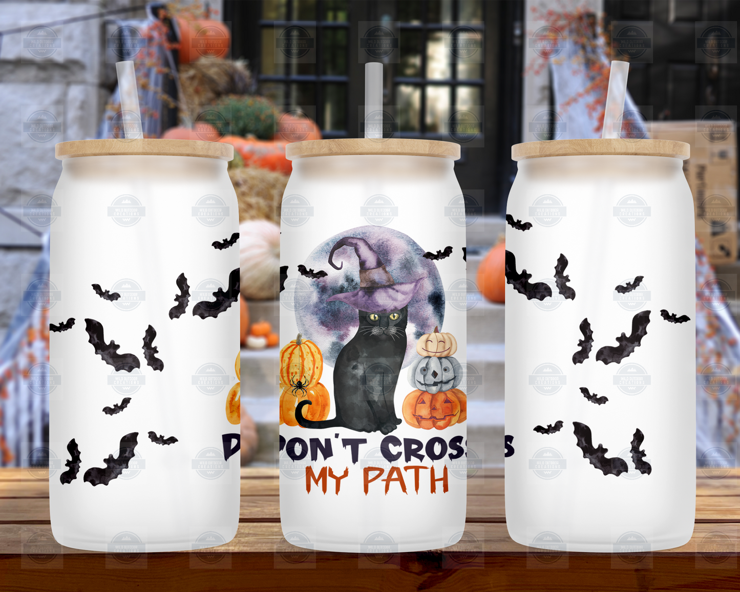 Black Cat Glass Halloween Tumbler with Straw and Lid