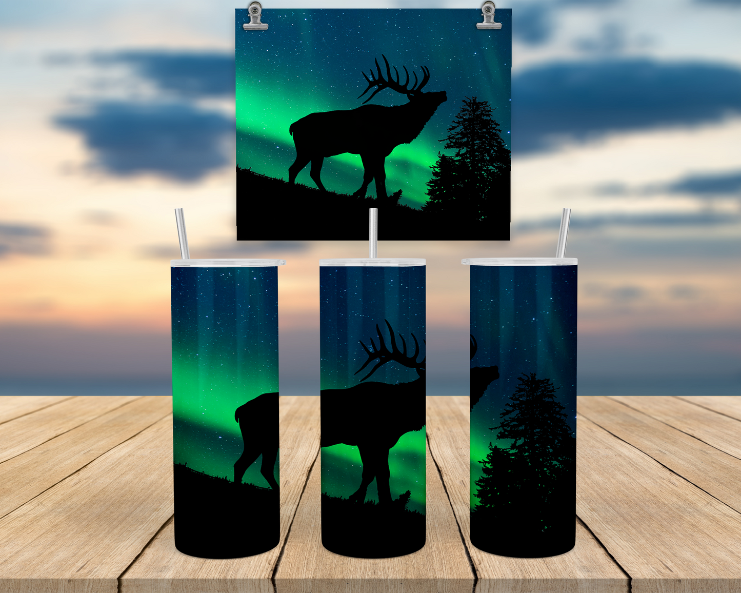 Elk Tumbler with Straw and Lid, Aurora Borealis Outdoorsy Gifts for Men, Travel Coffee Tumbler