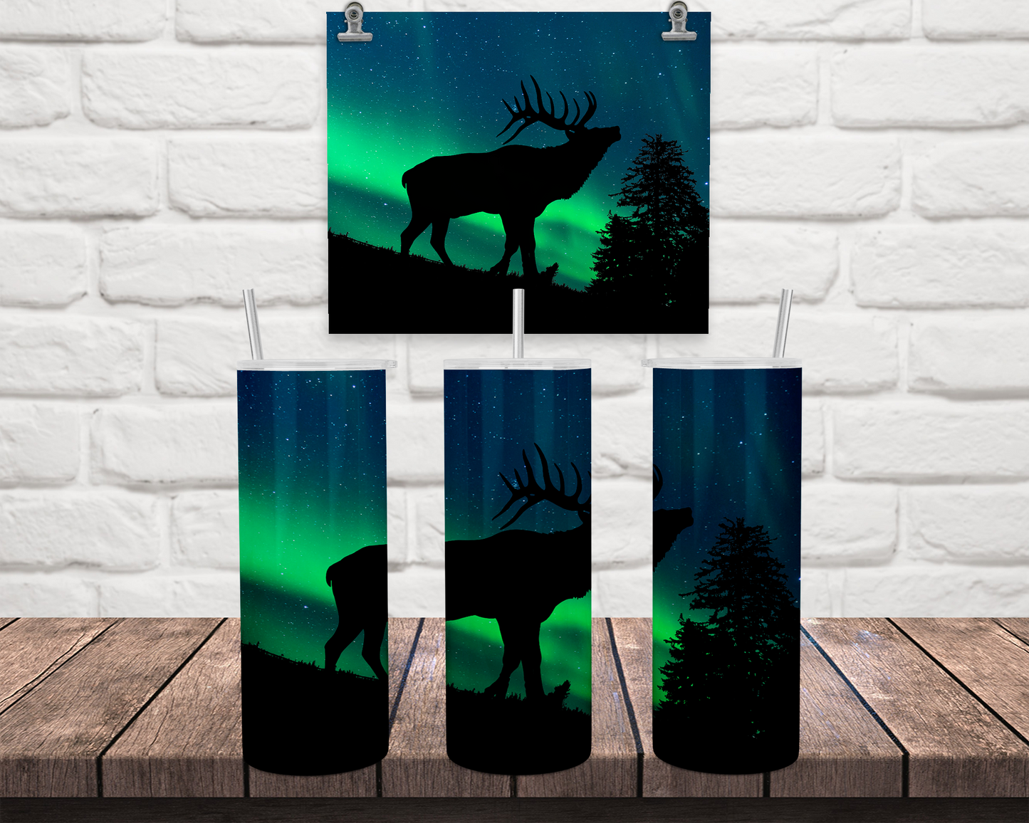 Elk Tumbler with Straw and Lid, Aurora Borealis Outdoorsy Gifts for Men, Travel Coffee Tumbler