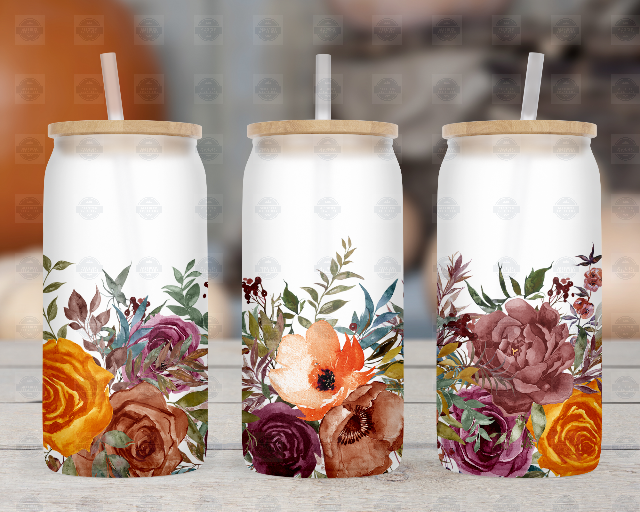 Fall Floral 16oz Beer Can Glass Cup, Iced Coffee Cup with Lid and Straw