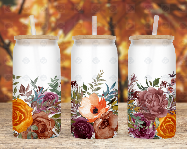 Fall Floral 16oz Beer Can Glass Cup, Iced Coffee Cup with Lid and Straw