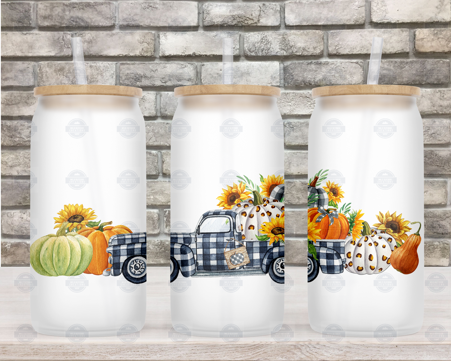 Fall Farm Truck 16oz Glass Tumbler with Straw and Lid