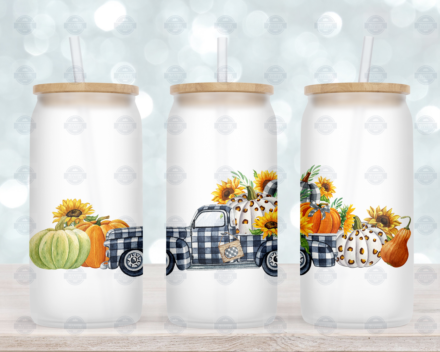 Fall Farm Truck 16oz Glass Tumbler with Straw and Lid