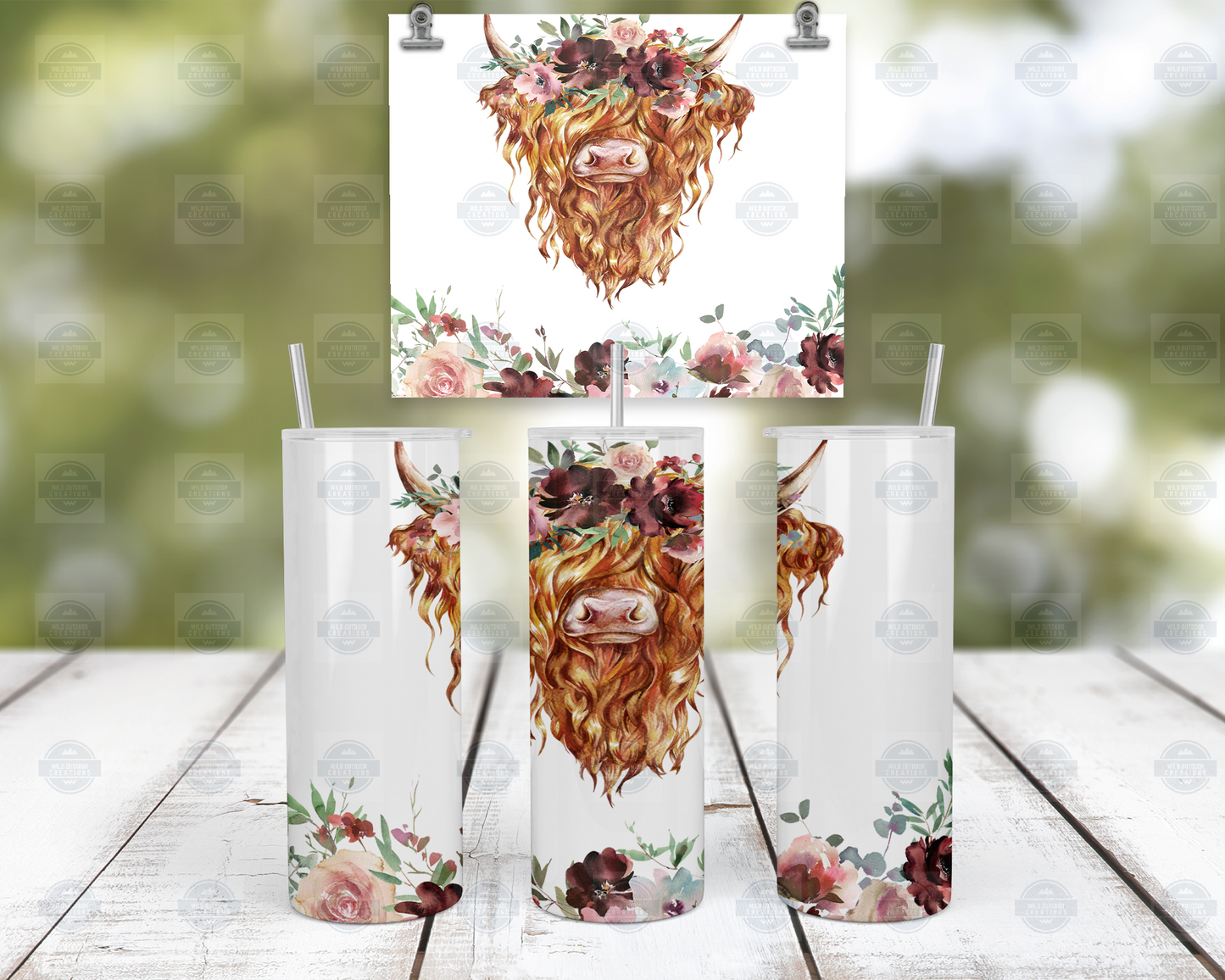 Floral Highland Cow 20oz Skinny Tumbler with Straw and Lid