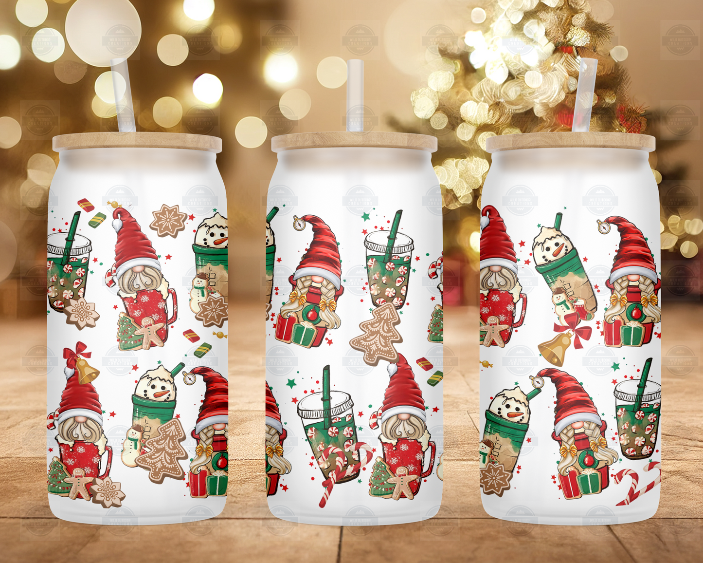 Christmas Gnome 16oz Frosted Glass Cup,  Iced Coffee Cup, Winter Coffee Cup