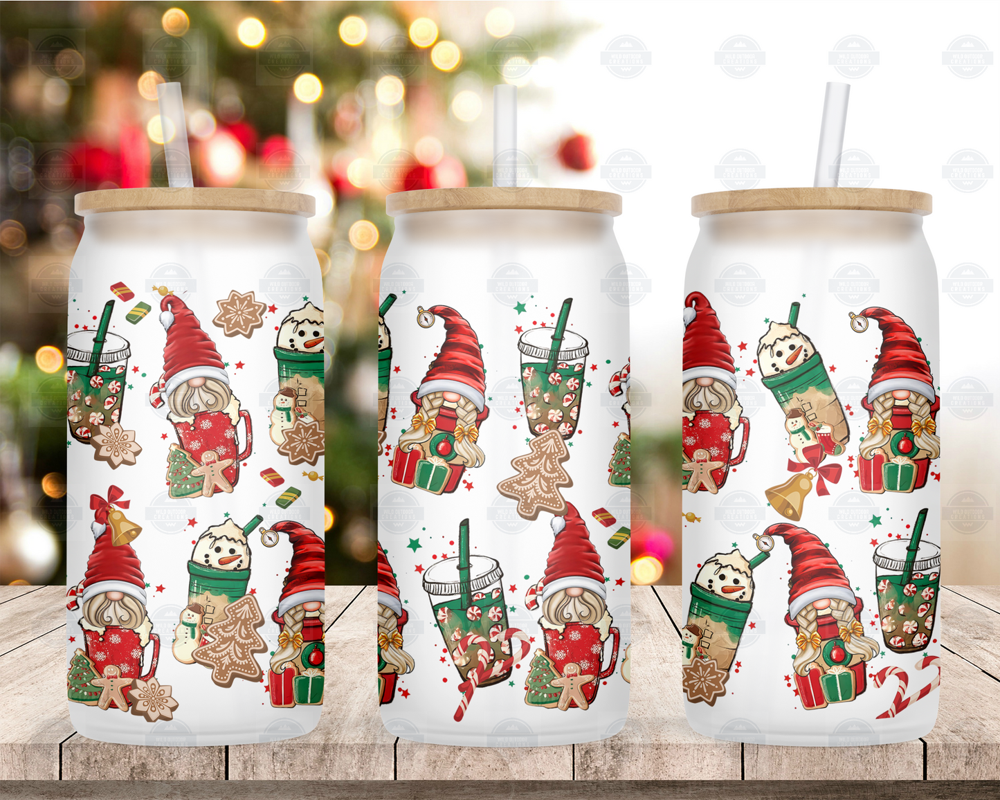 Christmas Gnome 16oz Frosted Glass Cup,  Iced Coffee Cup, Winter Coffee Cup