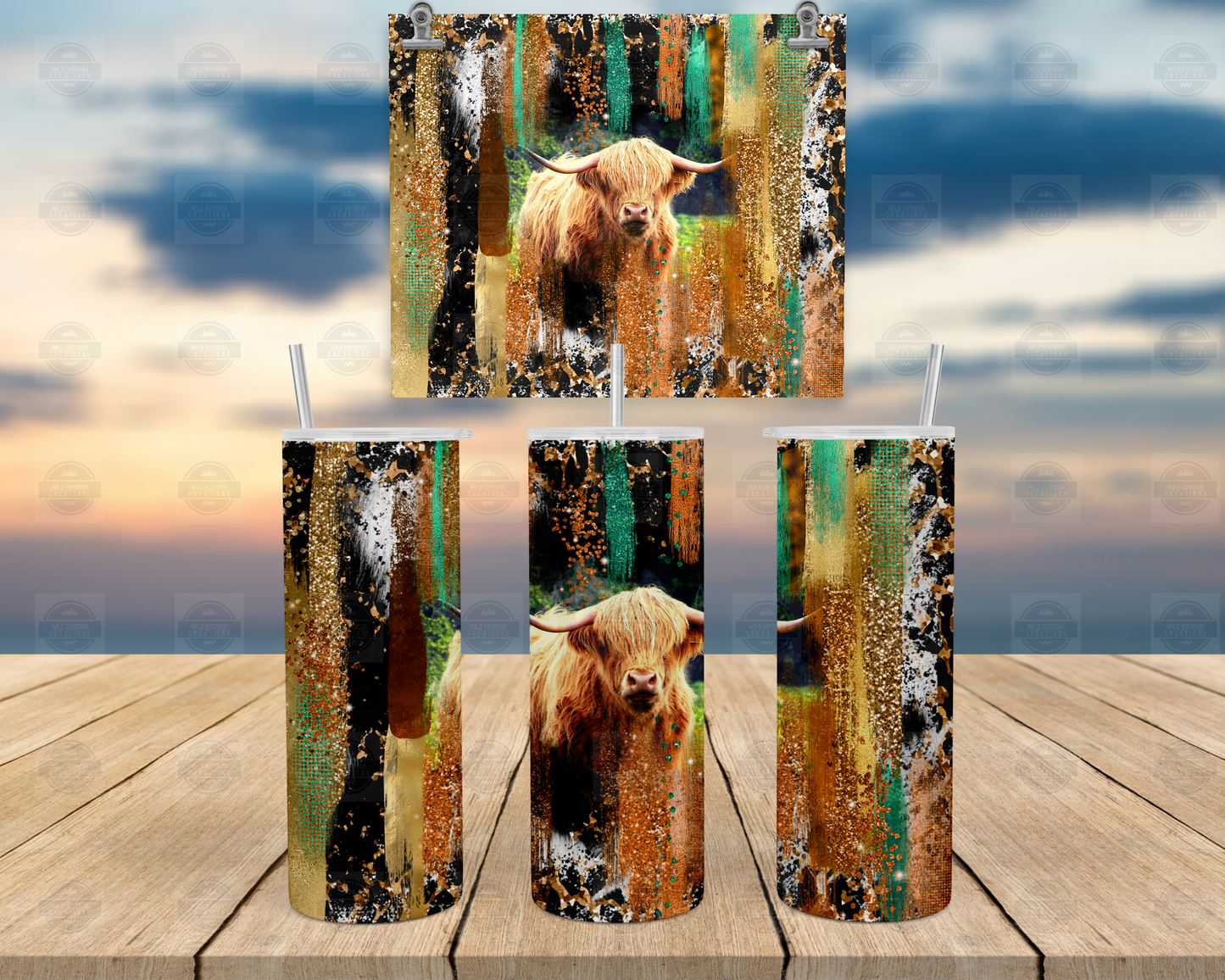 Highland Cow Brush Stroke Background 20oz Skinny Tumbler with Straw and Lid