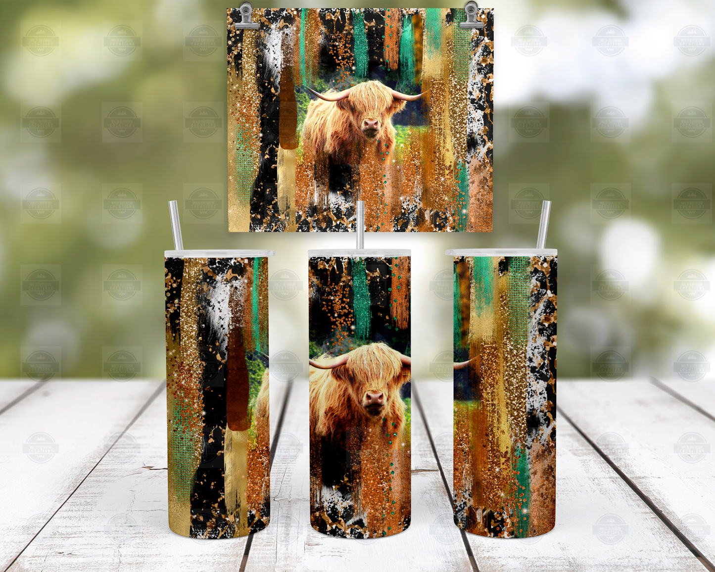 Highland Cow Brush Stroke Background 20oz Skinny Tumbler with Straw and Lid