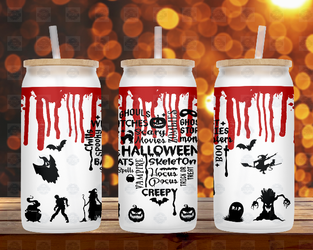 Halloween Sayings 16oz Beer Can Glass Cup with Bamboo Lid and Plastic Straw