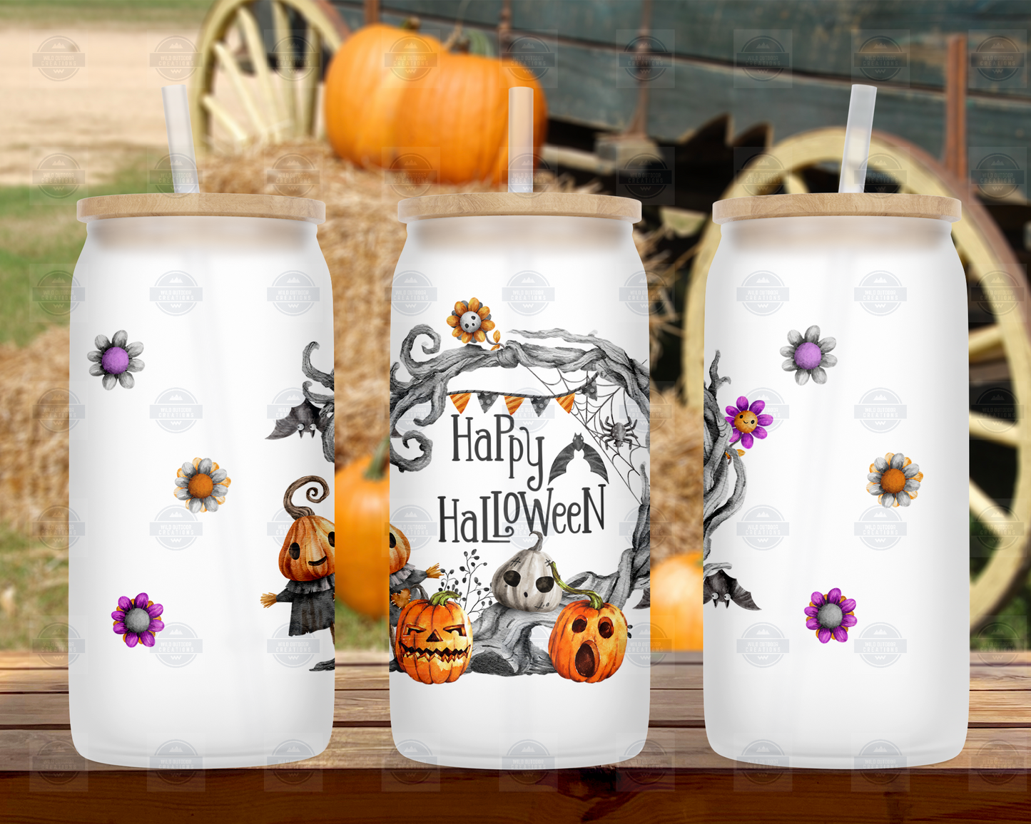Happy Halloween 16oz Glass Iced Coffee Cup with Straw and Lid