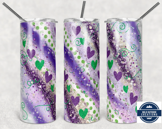 Purple and Green Heart Milky Way 20 oz Tumbler, Mardi Gras Tumbler, To go cup with lid and straw, Iced Coffee Tumbler, Travel Coffee Mug