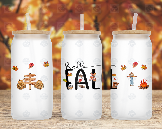 Hello Fall Iced Coffee16oz Glass Cup with Straw and Lid