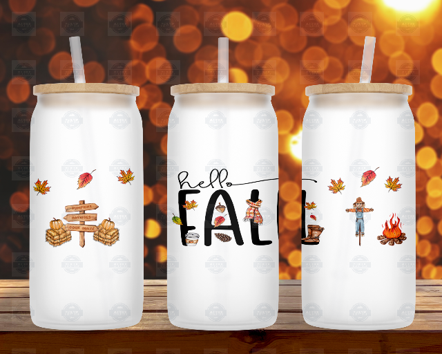Hello Fall Iced Coffee16oz Glass Cup with Straw and Lid