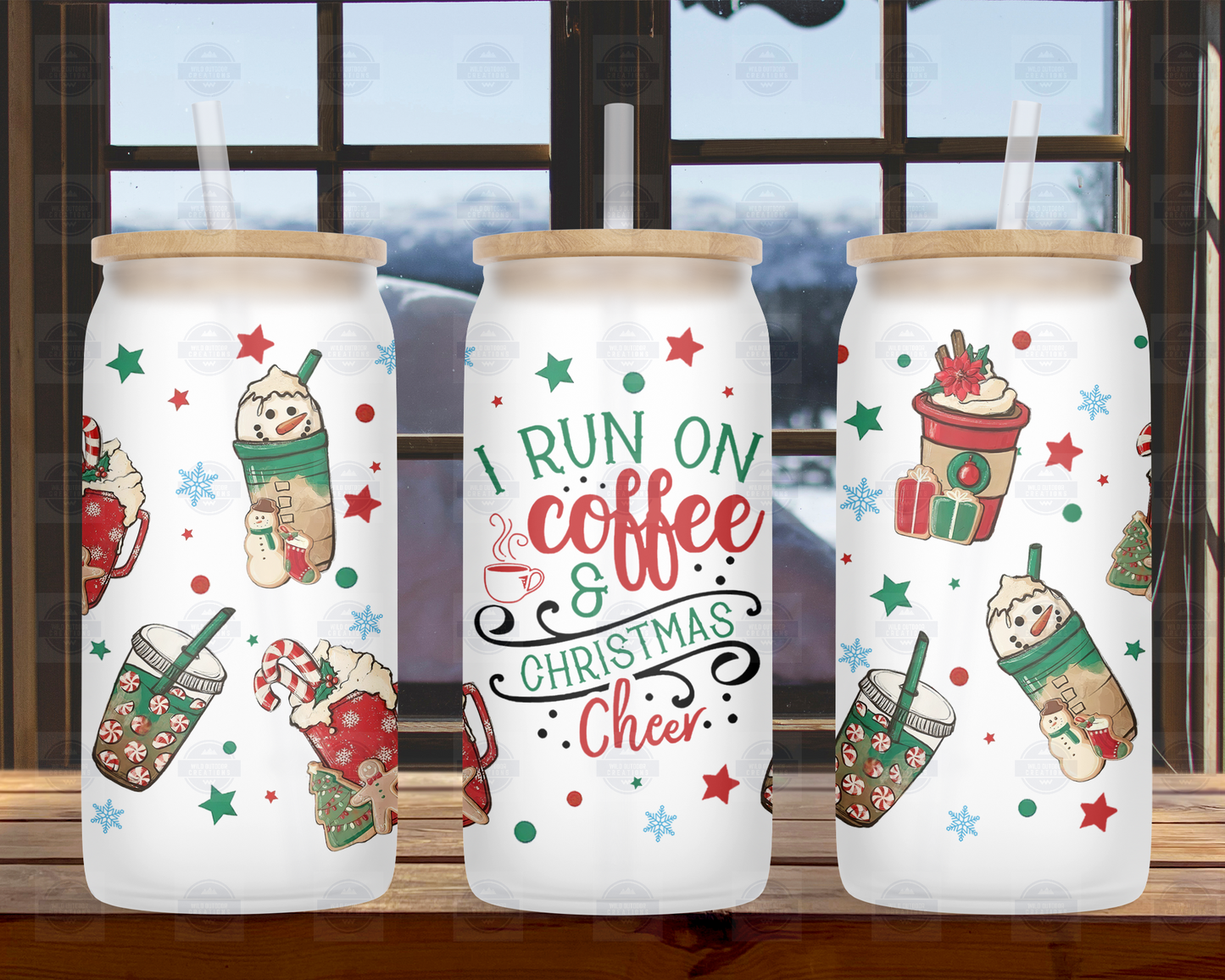 I Run On Coffee & Christmas Cheer 16oz Frosted Glass Tumbler, Iced Coffee Glass Can