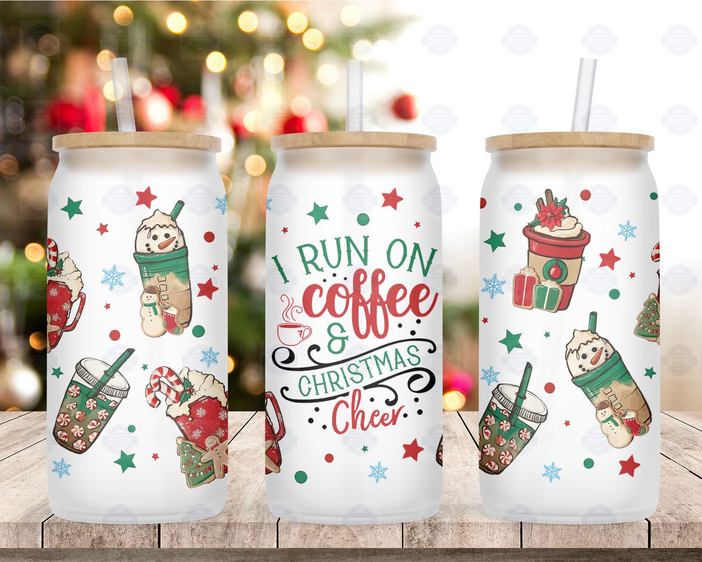 I Run On Coffee & Christmas Cheer 16oz Frosted Glass Tumbler, Iced Coffee Glass Can