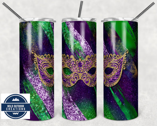 Purple and Green Mardi Gras Mask 20 oz Skinny Tumbler, To Go Cup with Lid and Straw, Iced Coffee Tumbler, Travel Coffee Mug - Wild Outdoor Creations