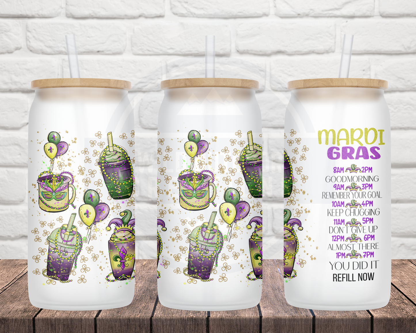 Mardi Gras Glass Tumbler, Water Bottle Track with Straw