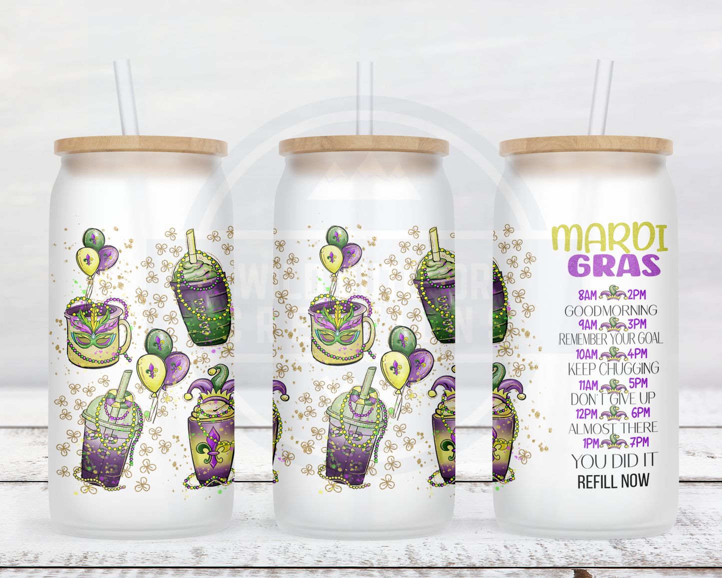 Mardi Gras Glass Tumbler, Water Bottle Track with Straw