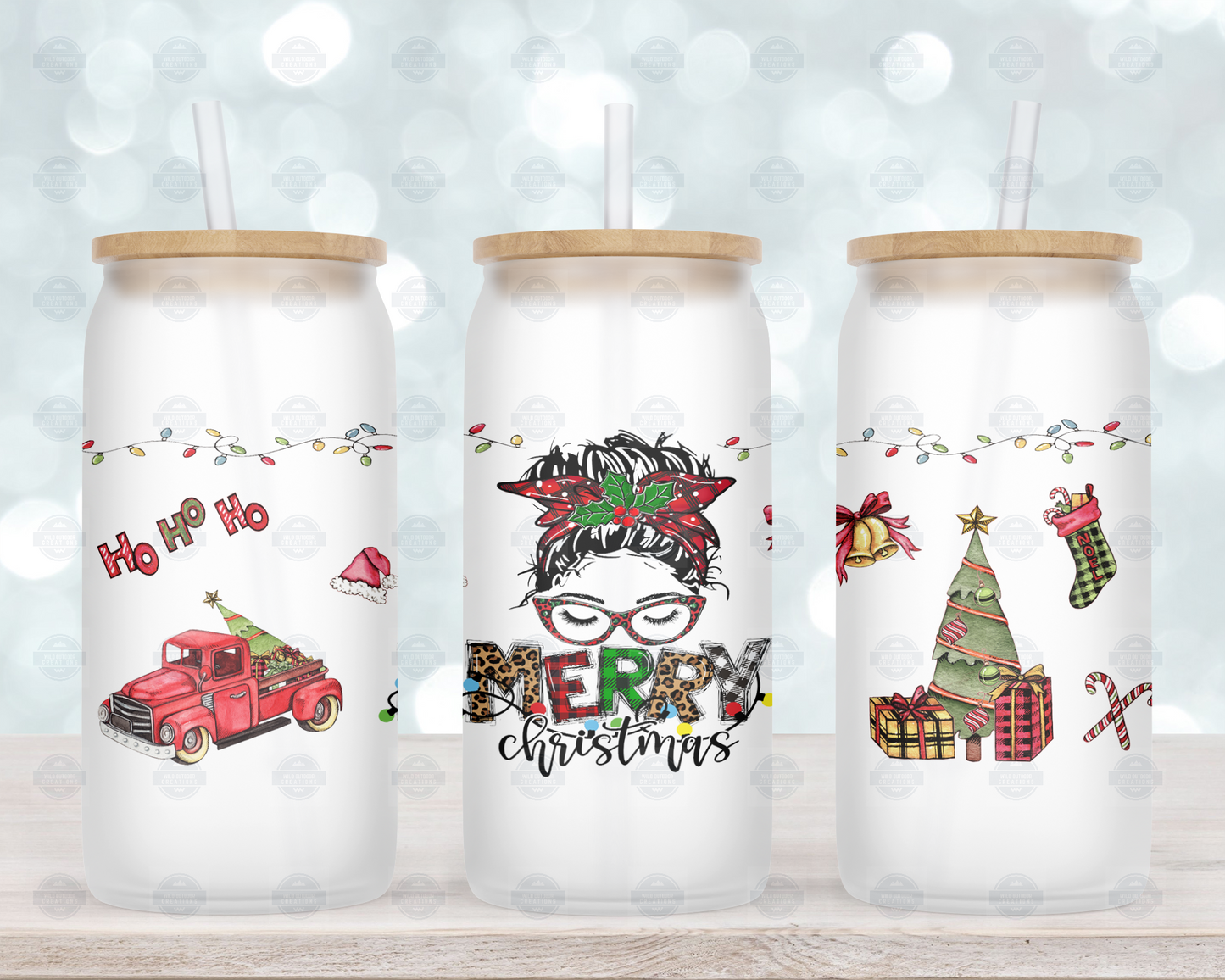 Merry Christmas Messy Bun 16oz Frosted Tumbler with Straw and Lid, Iced Coffee Cup