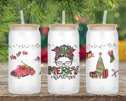 Merry Christmas Messy Bun 16oz Frosted Tumbler with Straw and Lid, Iced Coffee Cup