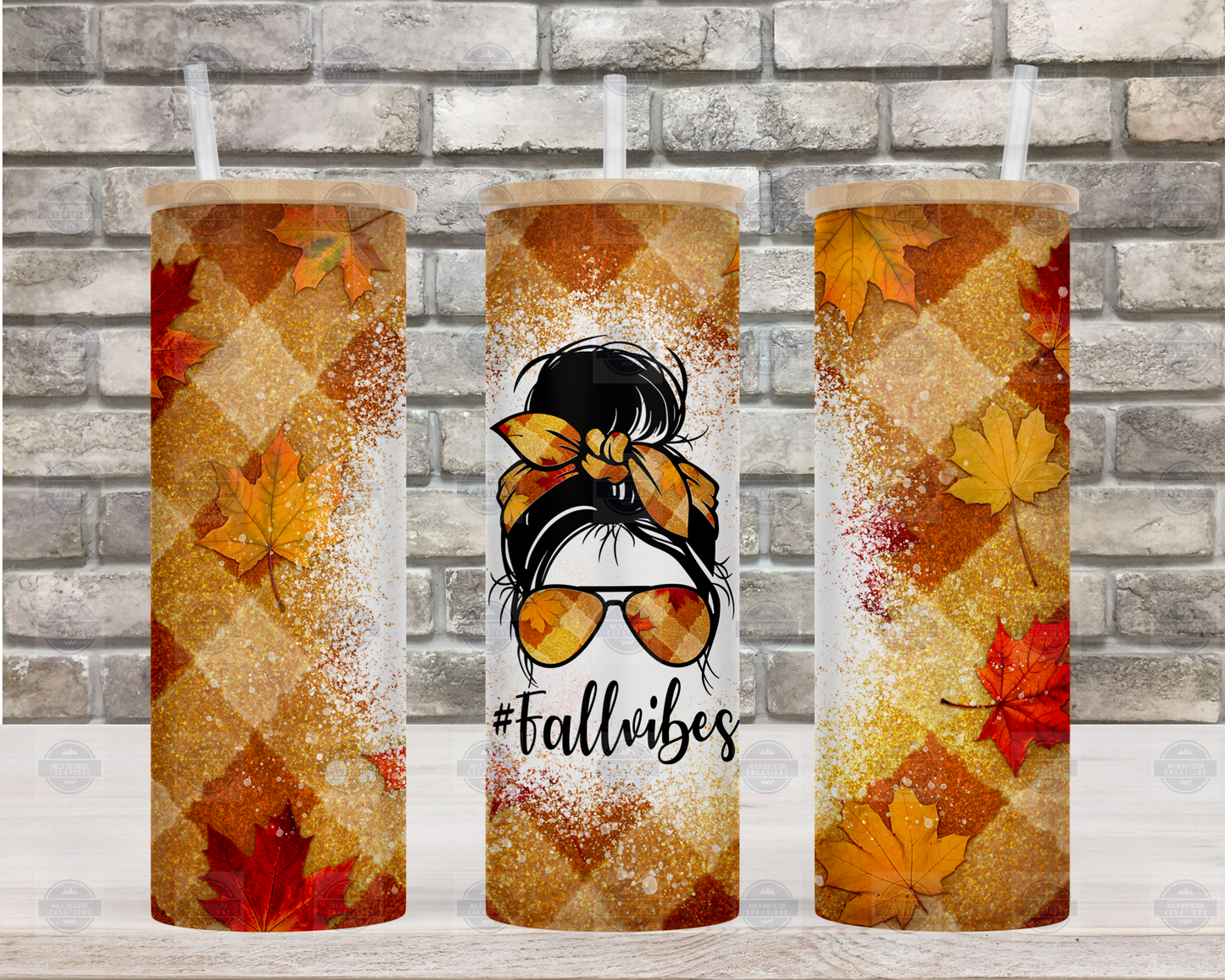 Fall Vibes Messy Bun 25oz Glass Tumbler Cup with Straw and Lid