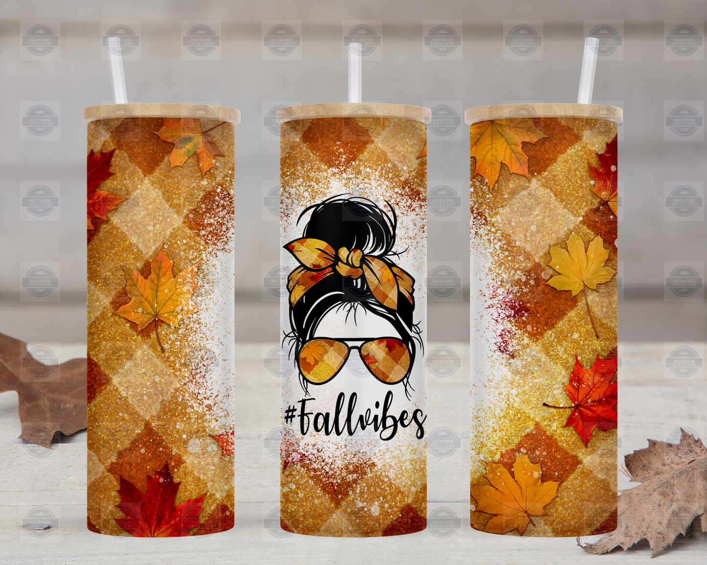 Fall Vibes Messy Bun 25oz Glass Tumbler Cup with Straw and Lid