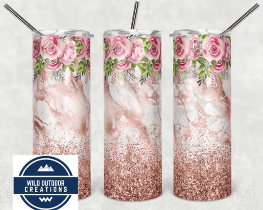Marble Floral Tumbler, Faux Glitter Tumbler, To Go Cup with Lid and Straw, Travel Coffee Mug- Wild Outdoor Creations