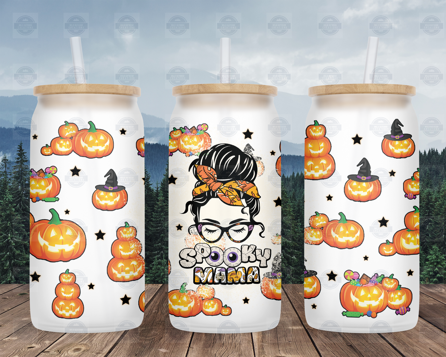 Spooky Mama Messy Bun Halloween 16o Glass Tumbler with Straw and Lid