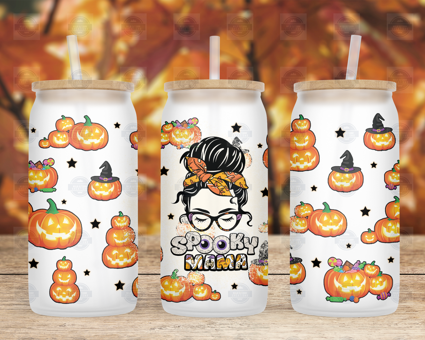 Spooky Mama Messy Bun Halloween 16o Glass Tumbler with Straw and Lid