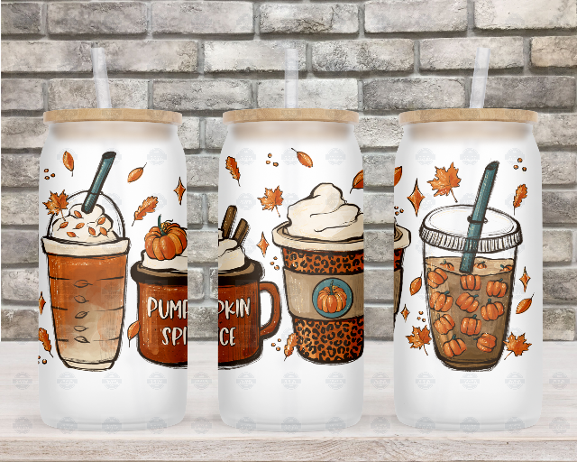 Pumpkin Spice 16oz Beer Can Glass with Bamboo Lid and Plastic Straw