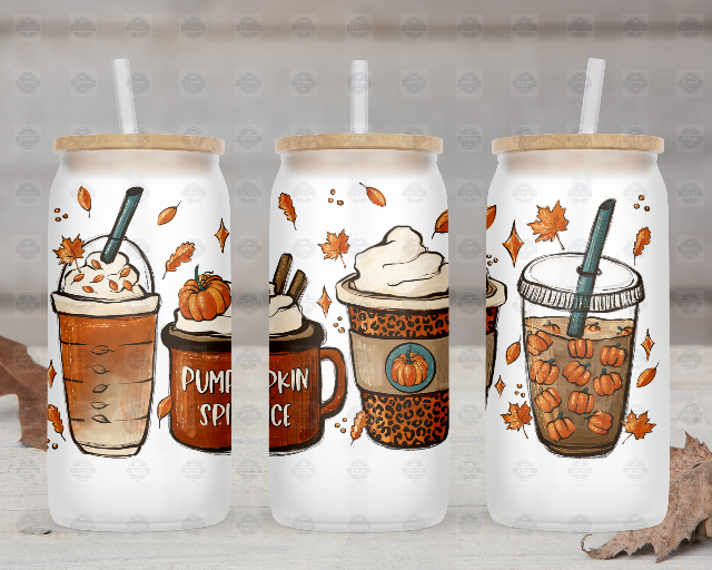 Pumpkin Spice 16oz Beer Can Glass with Bamboo Lid and Plastic Straw