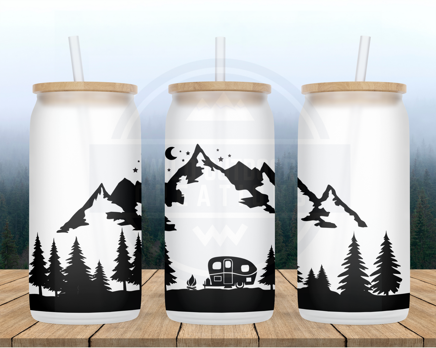 Mountain Camping Scene 16oz Glass Tumbler, Iced Coffee Cup with Lid and Straw