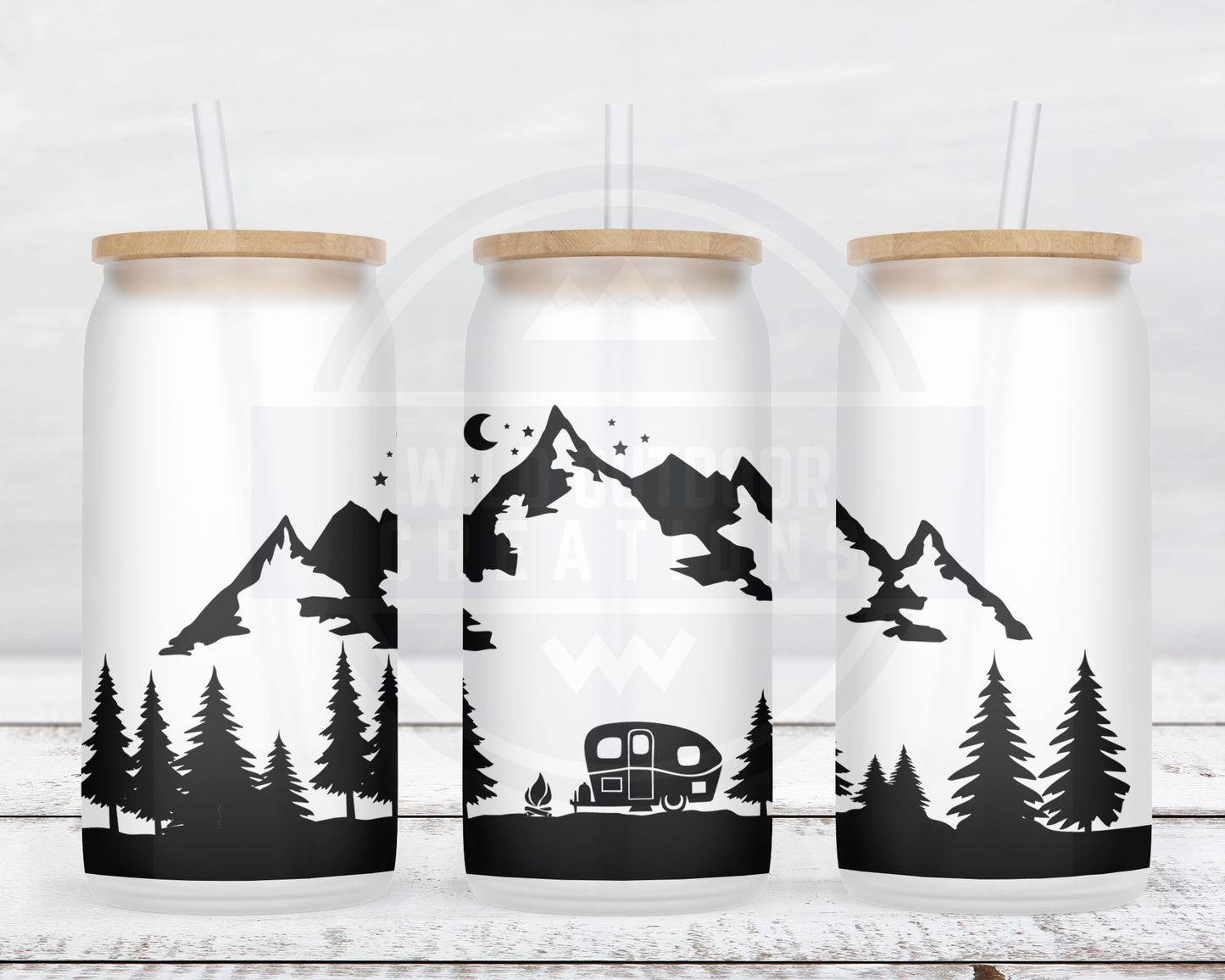 Mountain Camping Scene 16oz Glass Tumbler, Iced Coffee Cup with Lid and Straw