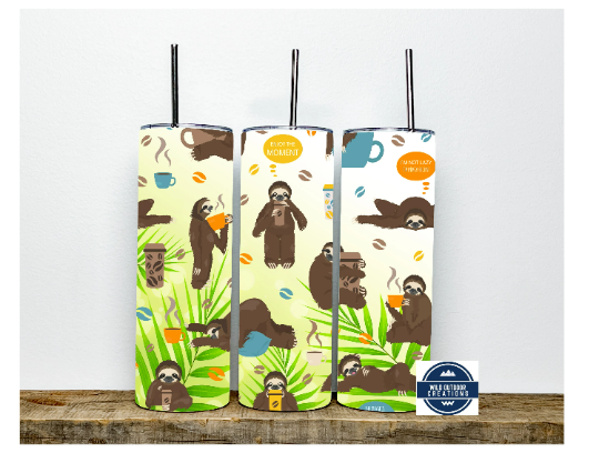 Sloth 20 oz Skinny Tumbler, To go cup with lid and straw, Iced Coffee Tumbler, Sloths drinking coffee - Wild Outdoor Creations