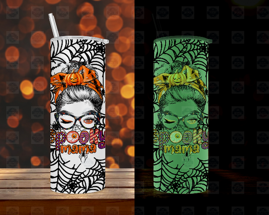 Spooky Mama Messy Mom Bun Glow In The Dark Tumbler with Straw and Lid