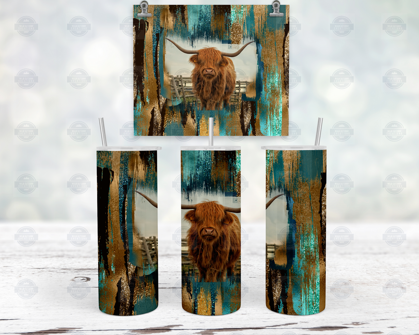 Teal Brushstroke Highland Cow 20oz Skinny Tumbler with Straw and Lid