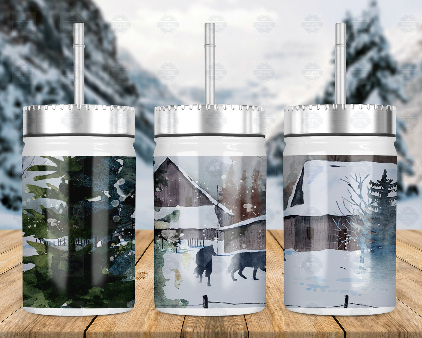 Wolf Winter Outdoorsy Theme 17oz Mason Jar with Straw And Lid