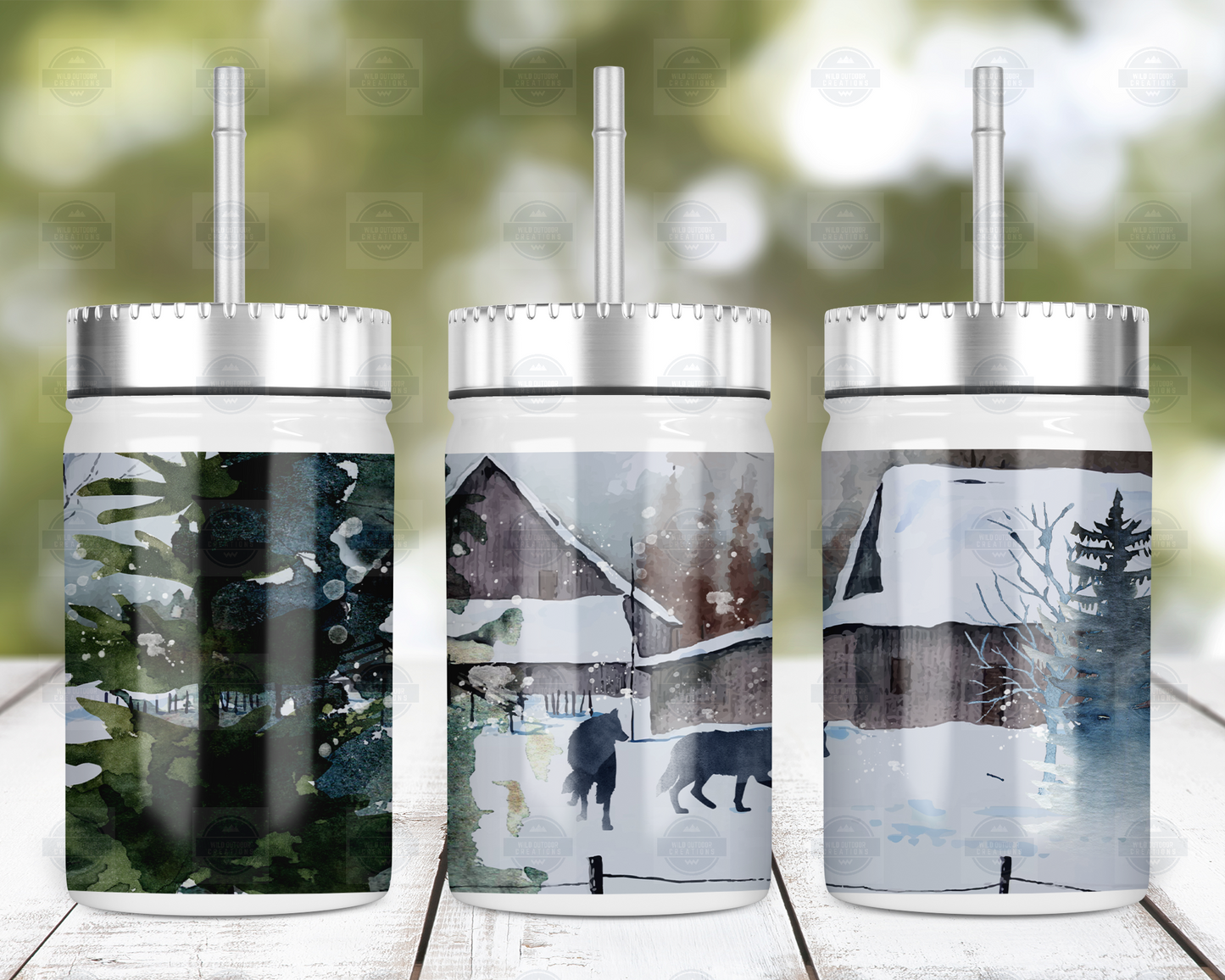 Wolf Winter Outdoorsy Theme 17oz Mason Jar with Straw And Lid
