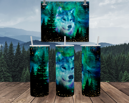 Wolf 20oz Tumbler Cup with Lid and Straw, Auora Borealis Outdoorsy Gifts for Women, Travel Coffee Tumbler