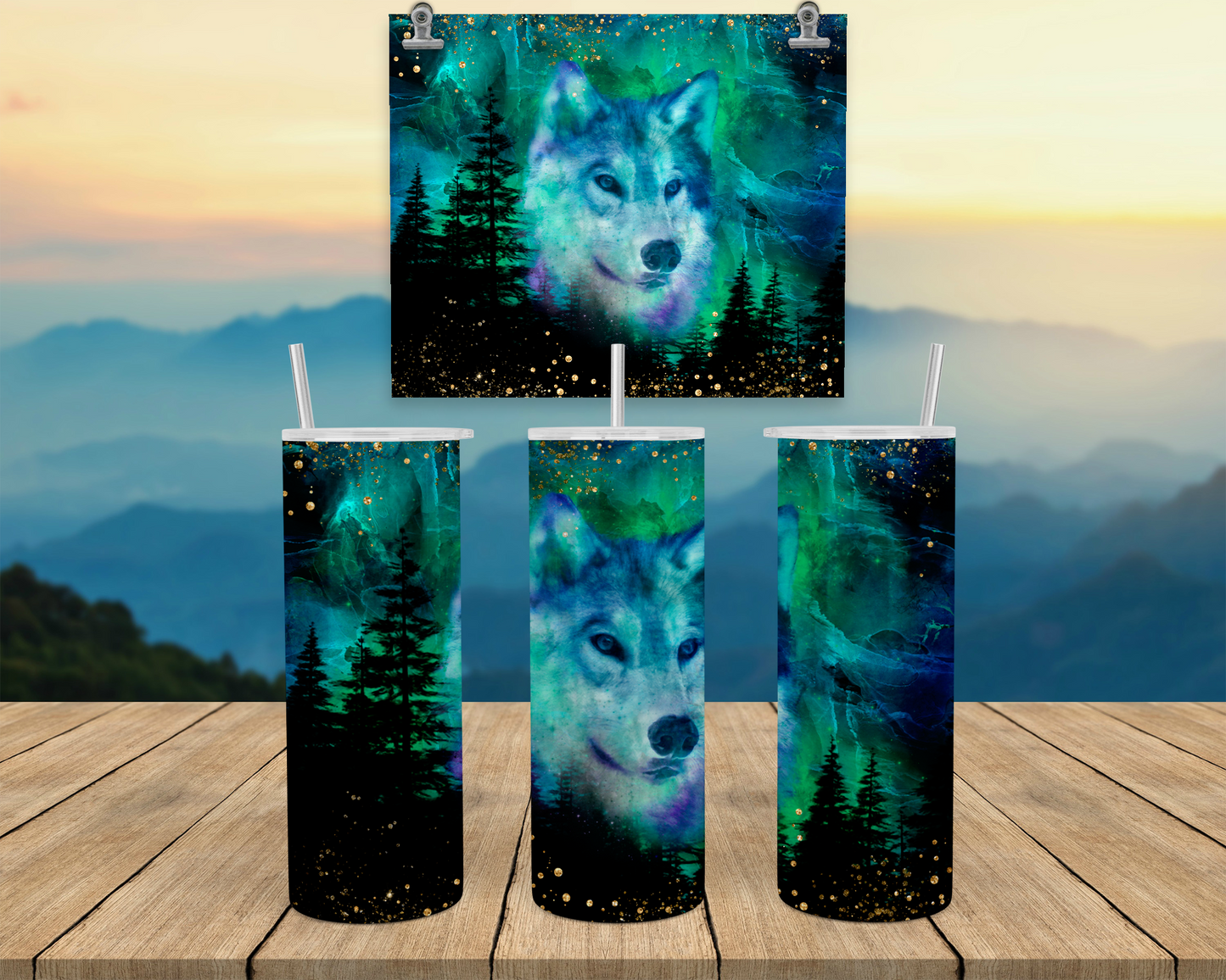 Wolf 20oz Tumbler Cup with Lid and Straw, Auora Borealis Outdoorsy Gifts for Women, Travel Coffee Tumbler